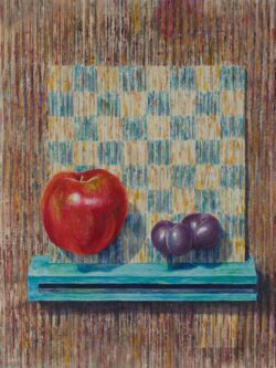 "Arrangement with Checkerboard 3 Fruits" painting by Shelley Pearson