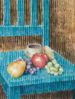 "Arrangement With 4 Fruits and Bowl" painting by Shelley Pearson